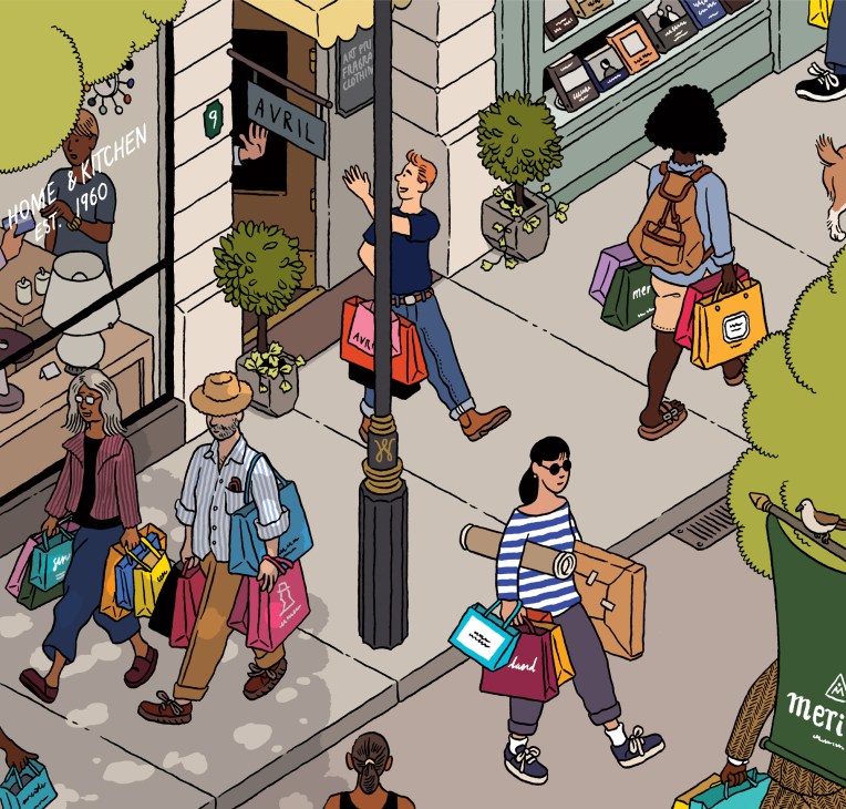 Illustration of diverse shoppers walking on a busy street with storefronts and plants.