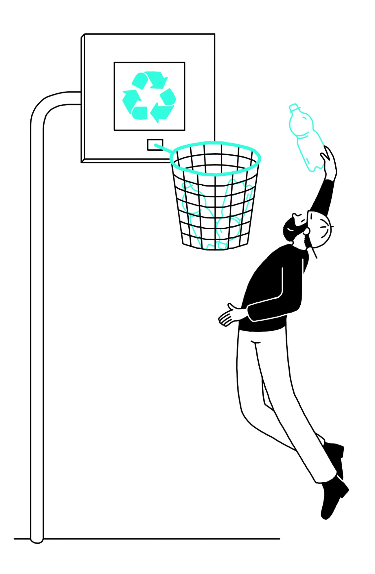 Illustration of a person tossing a plastic bottle into a recycling bin.