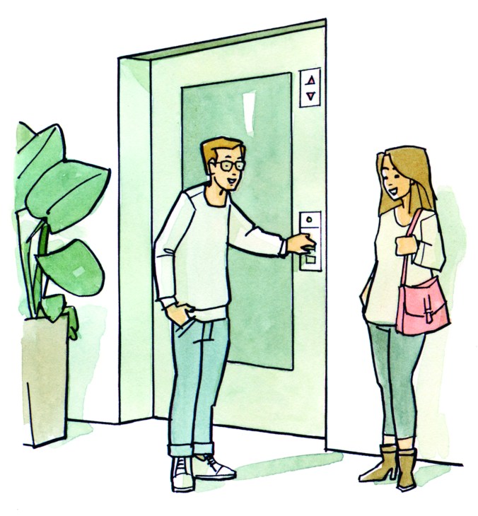 Man with glasses pressing elevator button while woman waits nearby in modern building lobby