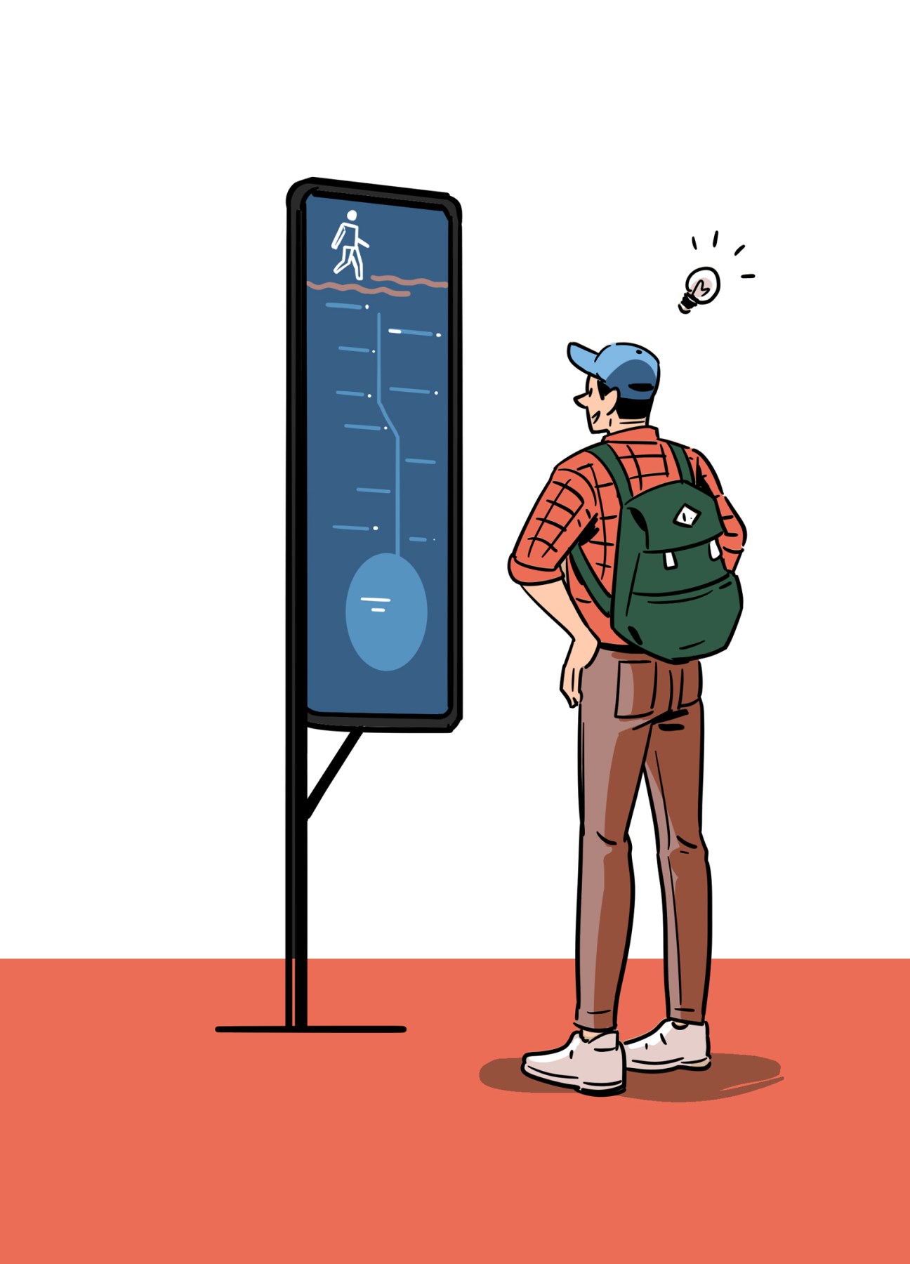 Person with lightbulb idea looking at wayfinding display showing navigation paths and pedestrian figure