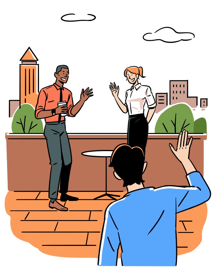 Three business professionals greeting each other on an outdoor terrace with city skyline in background