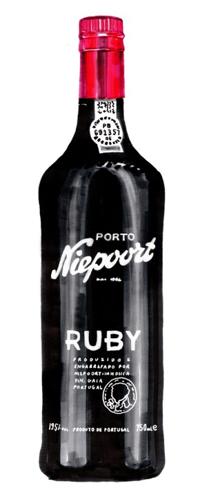 Niepoort Ruby Port bottle with red foil cap and black label against white background.