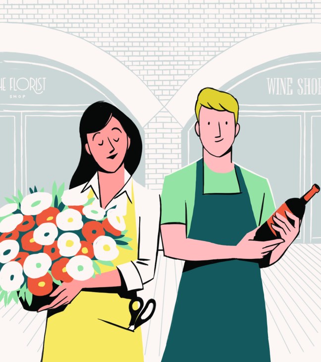 Illustration of a florist holding red and white flowers and a wine shop owner holding a bottle in a brick archway storefront.