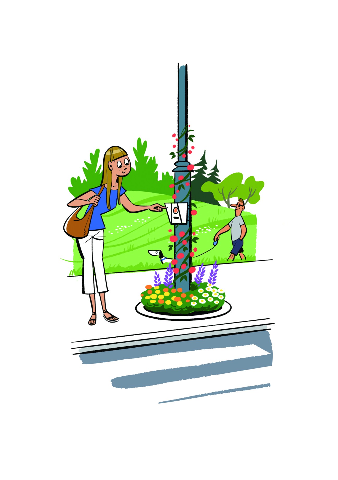 Cartoon illustration of woman reading information sign next to decorative urban pole with climbing plants and flowers