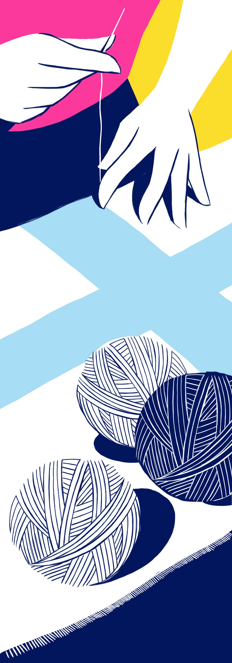 Stylized illustration of hands knitting with colorful yarn balls and geometric shapes