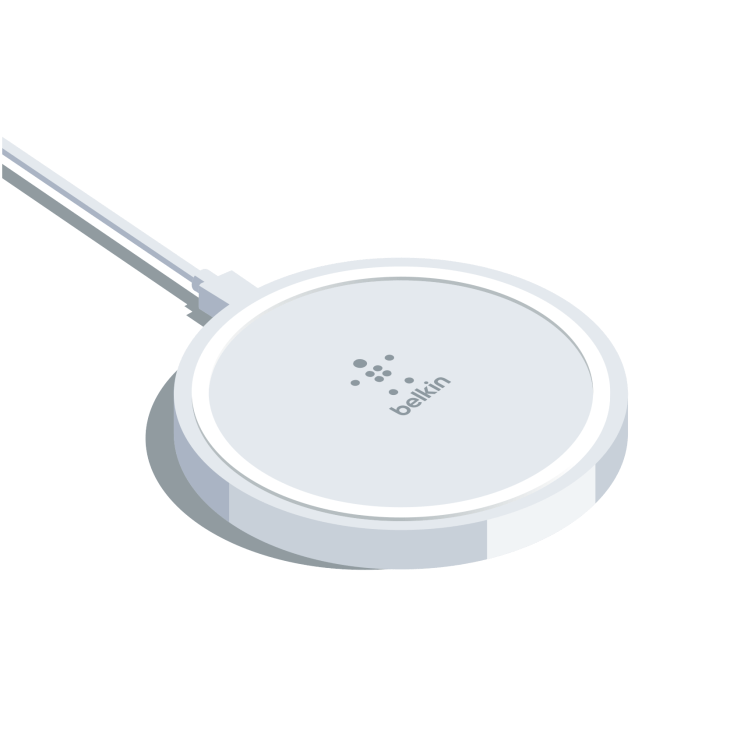 Belkin Boost Up wireless charging pad with cable attachment, illustrated in light blue and grey tones.