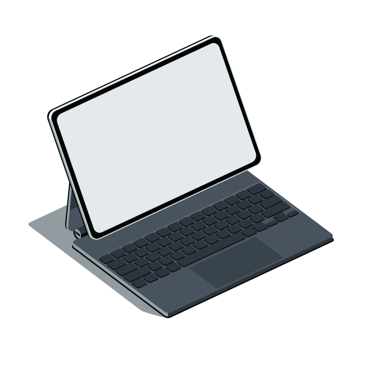 Illustration of an iPad Pro tablet with Magic Keyboard attachment in dark gray.