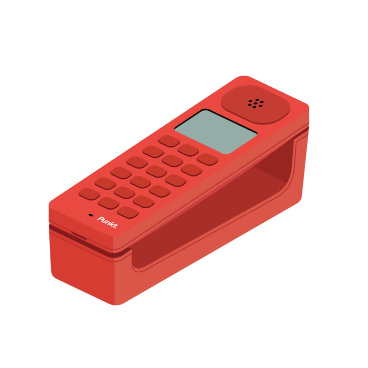 Illustration of Punkt DP01 red landline phone with cradle and monochrome display
