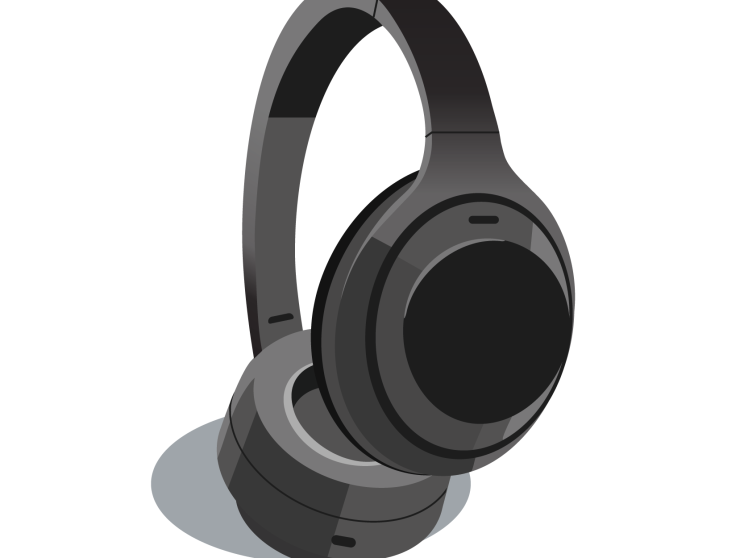 Illustration of Sony WH-1000XM4 noise-cancelling headphones in gray and black tones.