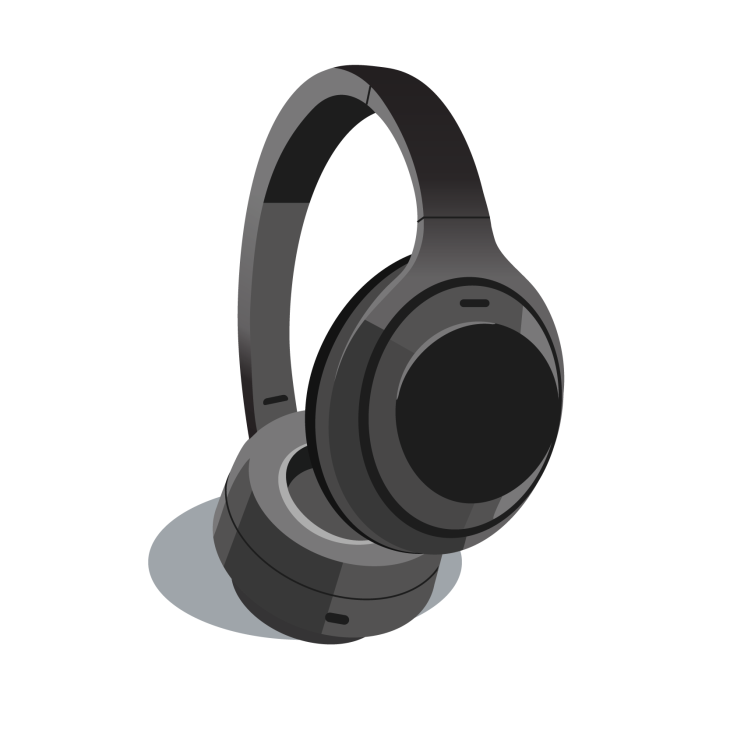 Illustration of Sony WH-1000XM4 noise-cancelling headphones in gray and black tones.