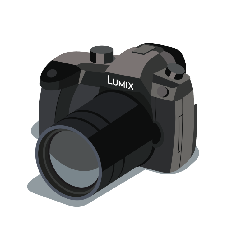 Illustration of a Lumix DC-GH5 camera by Panasonic in black and gray tones.