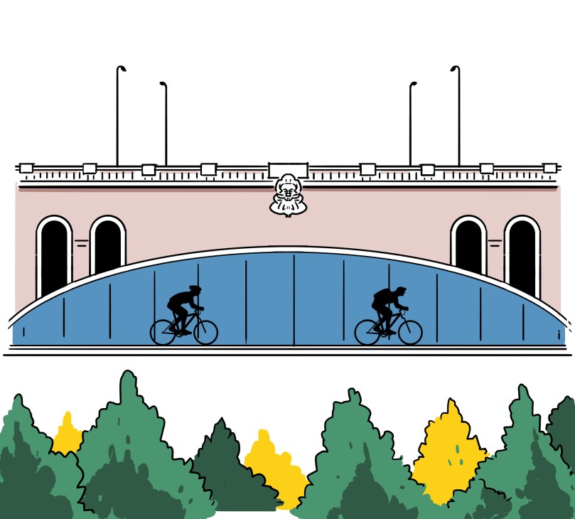 Cross-section illustration of urban bridge infrastructure with cyclists underneath and pedestrians above
