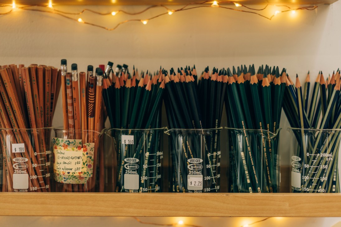 Shelf of pencils for sale in a Zurich art store