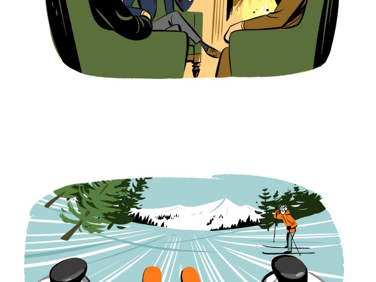 two illustration on top men sitting in a booth bottom person skiing down a mountain at high speed