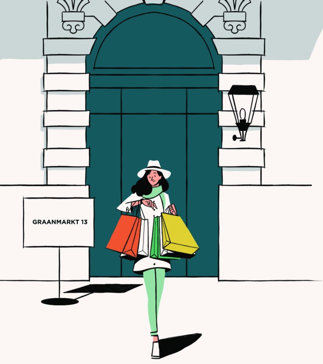 Illustration of a woman with shopping bags standing in front of Graanmarkt 13 storefront in Antwerp.