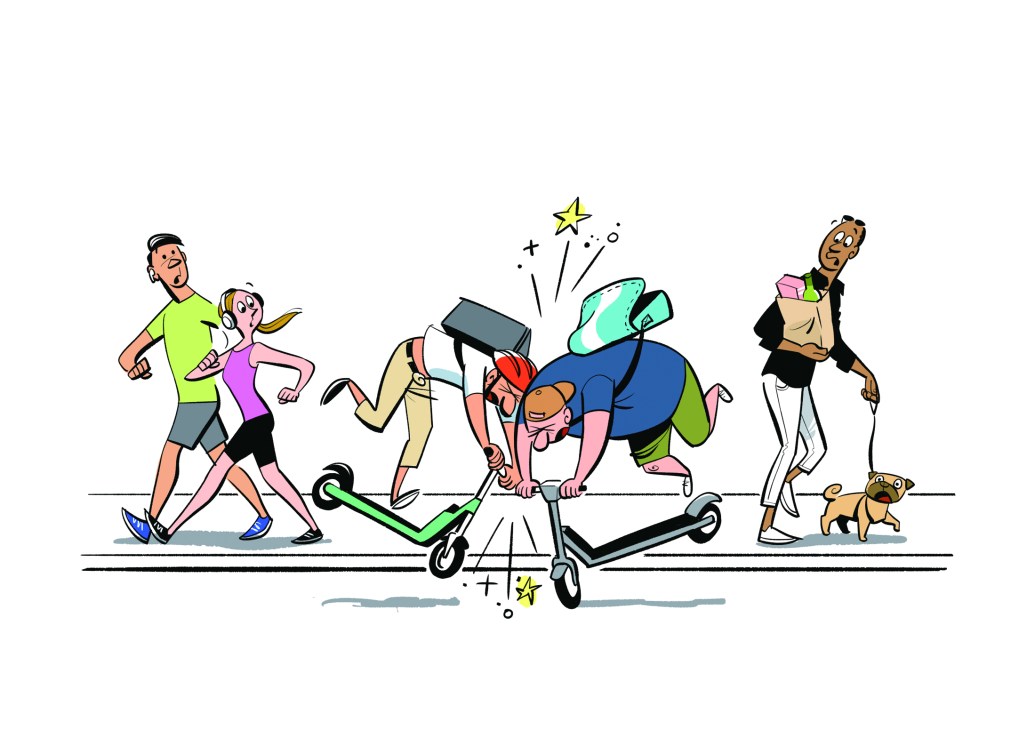 Cartoon illustration showing people walking, cycling, and using e-scooters on a city street with collision aftermath