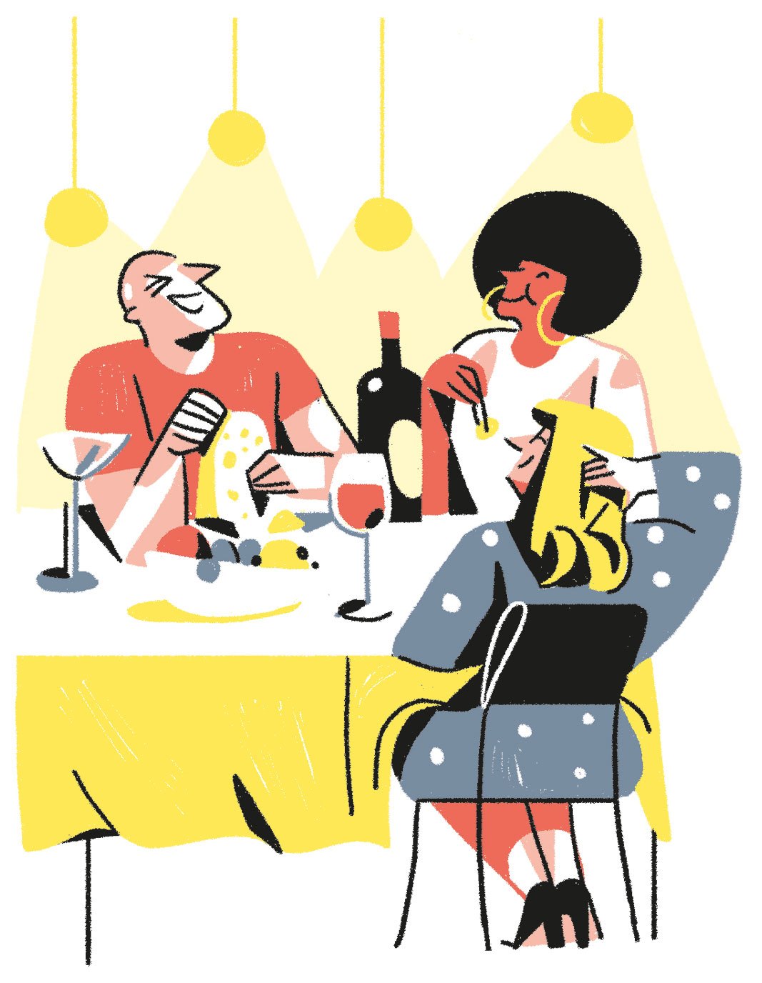 An illustration of a family gathered around a dining table sharing a meal, emphasizing the importance of communal dining