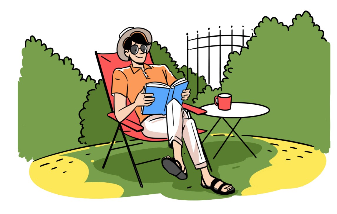 Person relaxing in red chair reading book outdoors with coffee cup on small table