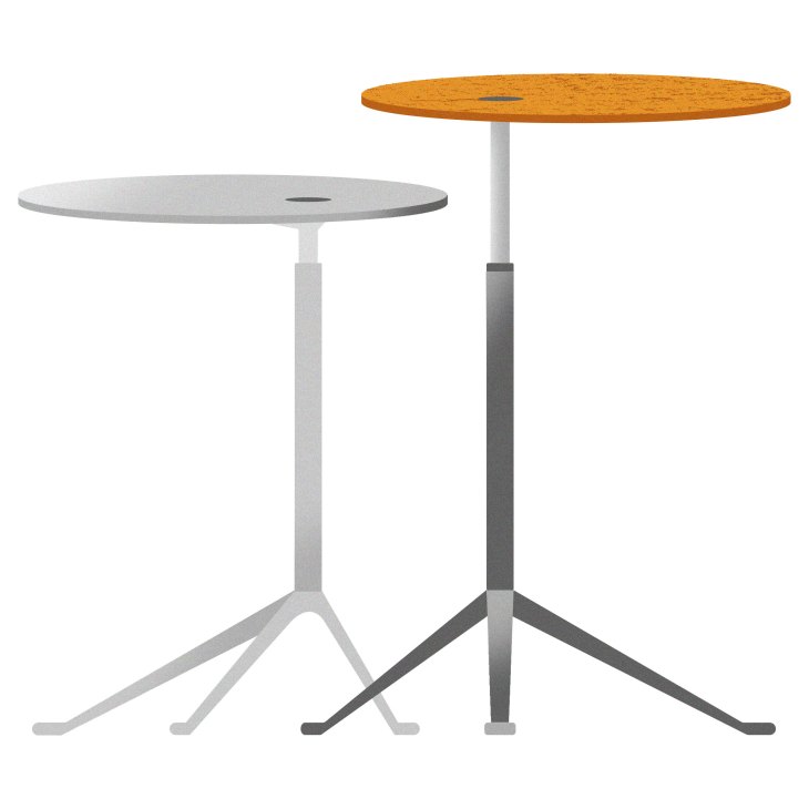 Fritz Hansen Little Friend adjustable side tables in white and natural cork finishes with tripod bases.