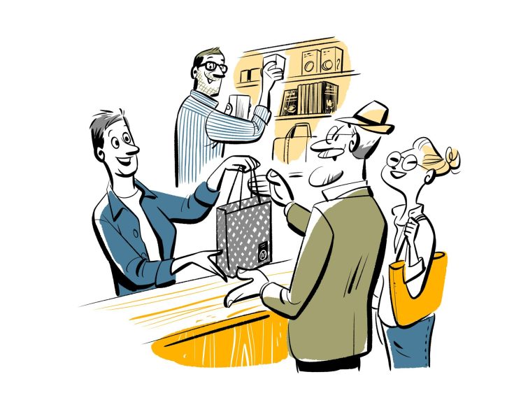 Illustration of customers buying items at a store