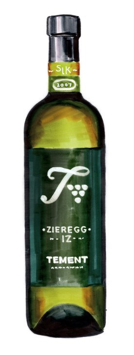 Bottle of Zieregg 2015 Ried Weisser Burgunder white wine from Weingut Tement, Austria.