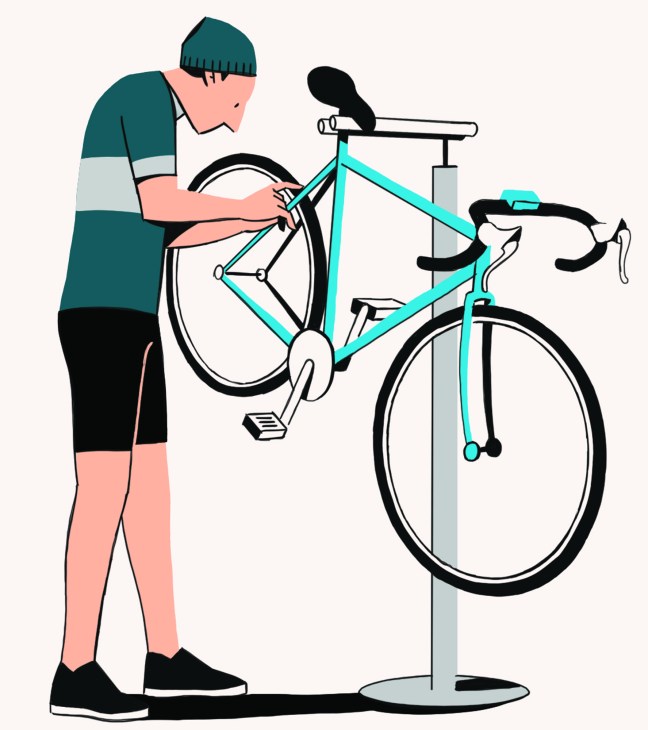 Illustration of a cyclist in a teal and black outfit repairing a turquoise bicycle on a stand.