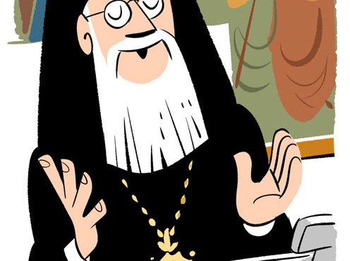 Illustration of Ecumenical Patriarch Bartholomew I in ceremonial robes working at a laptop