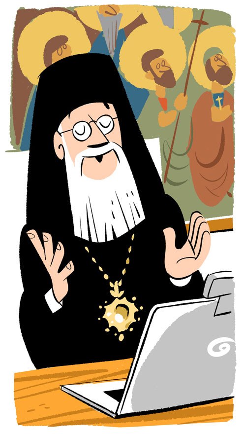 Illustration of Ecumenical Patriarch Bartholomew I in ceremonial robes working at a laptop