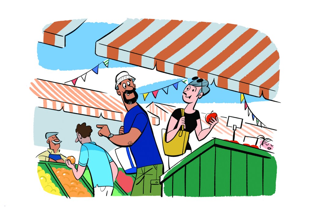 A bustling market scene with colorful striped awnings, food vendors, and people shopping at outdoor produce stalls
