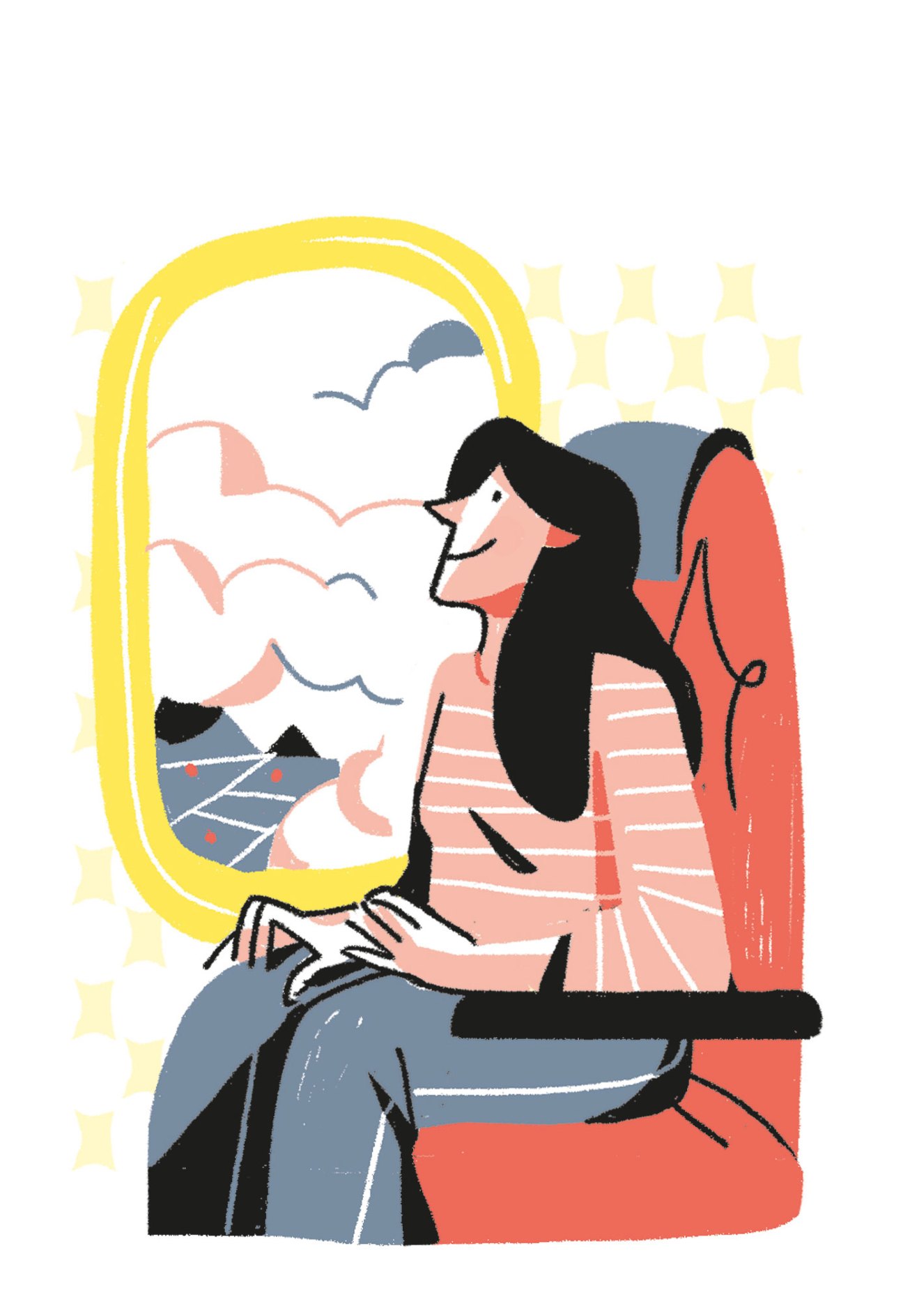 An illustration of someone enjoying the view from an airplane window seat, watching clouds and landscape below
