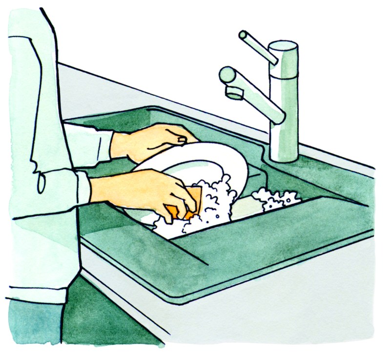 Person washing dishes in a Franke stainless steel sink