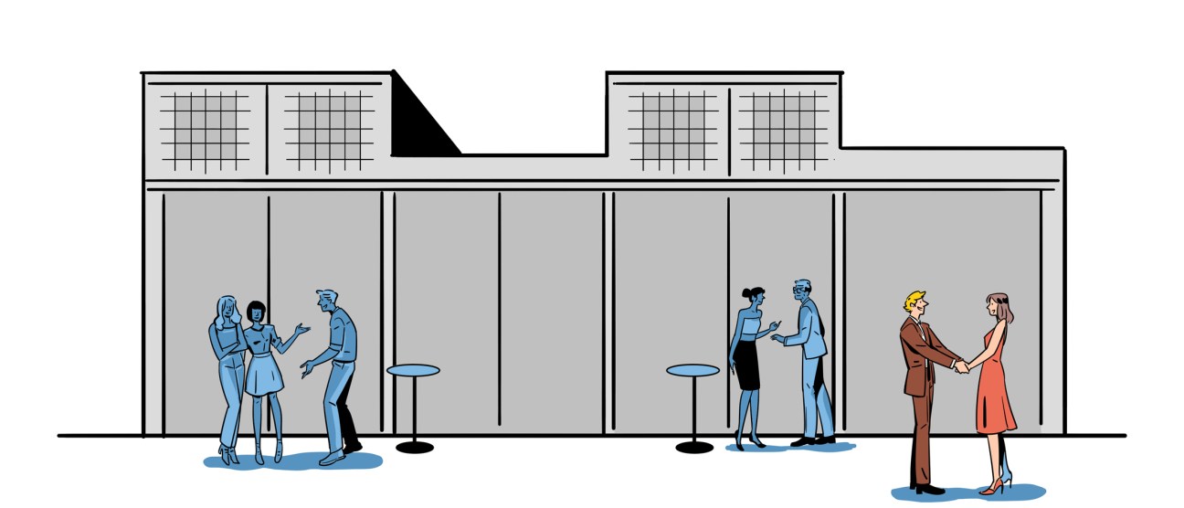 Modern building with large glass windows and people socializing in groups inside and outside the structure