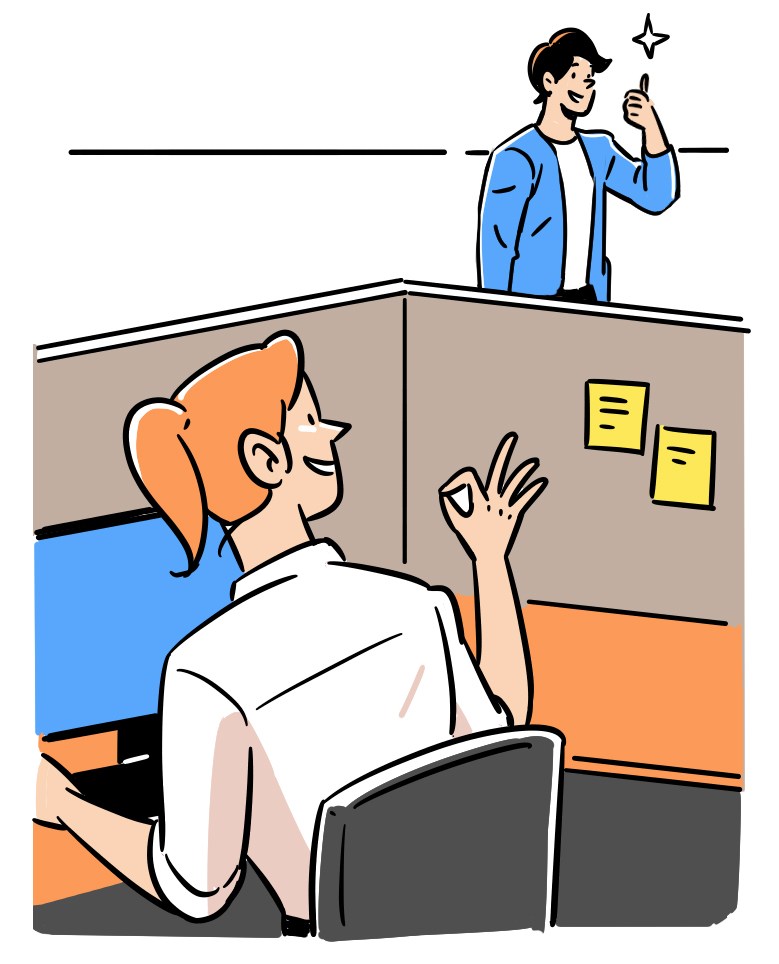 Man in blue jacket standing behind office cubicle gesturing to seated colleague with magic wand