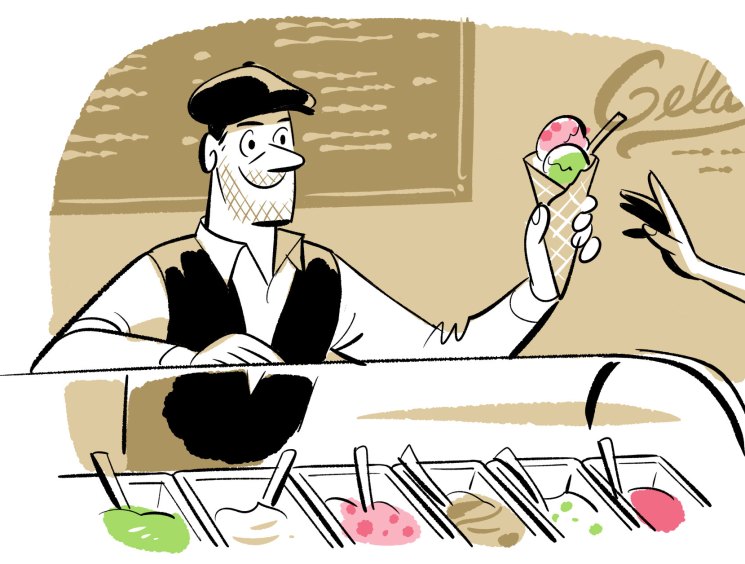 Illustration of a smiling ice cream vendor serving a colorful ice cream cone to a customer.