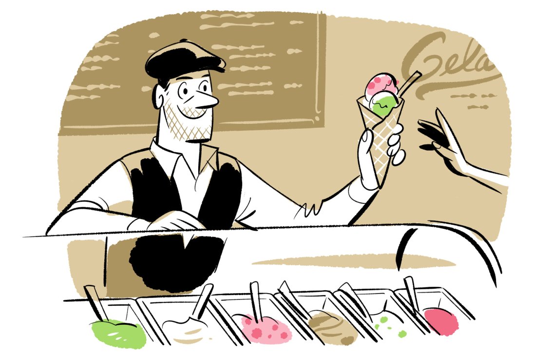 Illustration of a smiling ice cream vendor serving a colorful ice cream cone to a customer.