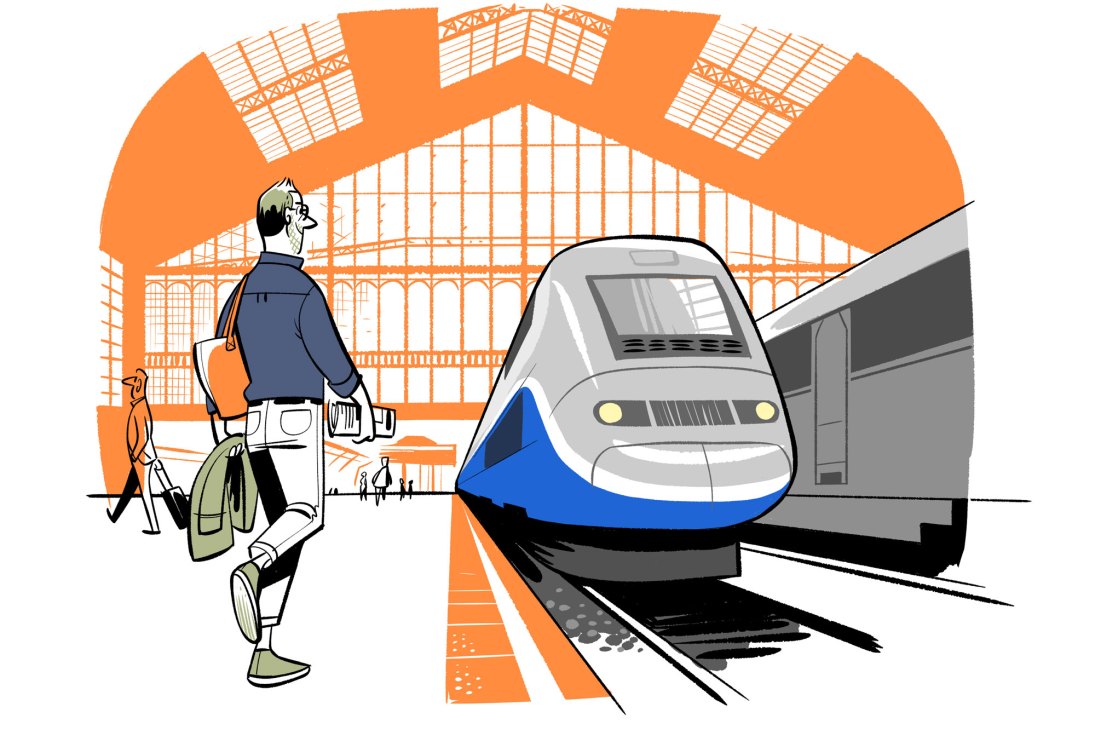 Illustration of a traveler with luggage walking on a train platform next to a modern high-speed train in a station