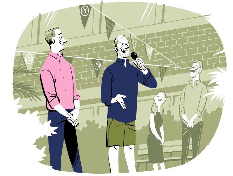 Illustrated scene showing people gathered outdoors with one person speaking into a microphone