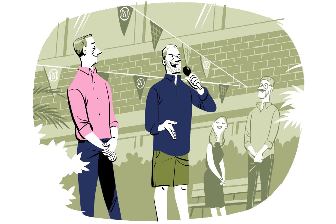 Illustrated scene showing people gathered outdoors with one person speaking into a microphone
