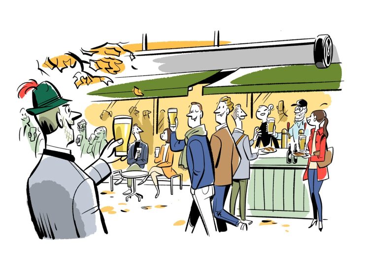 Cartoon illustration of people drinking beer at an outdoor cafe terrace with green awning and festive atmosphere