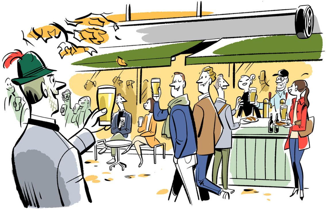 Illustration of people enjoying outdoor cafe seating with drinks while a businessman walks past