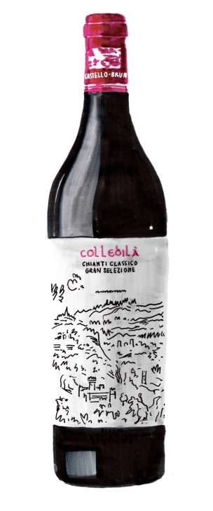 Colledilà 2018 Chianti Classico Gran Selezione wine bottle with pink foil and illustrated landscape label.