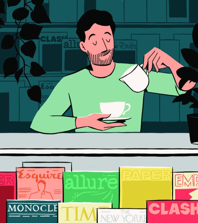 Illustration of a man in a green shirt holding a coffee cup and pouring from a kettle, surrounded by magazine covers including Monocle.