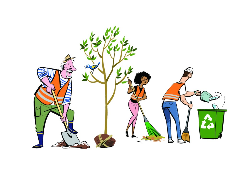 Cartoon illustration of diverse people in safety vests doing community cleanup work - digging, sweeping, and recycling
