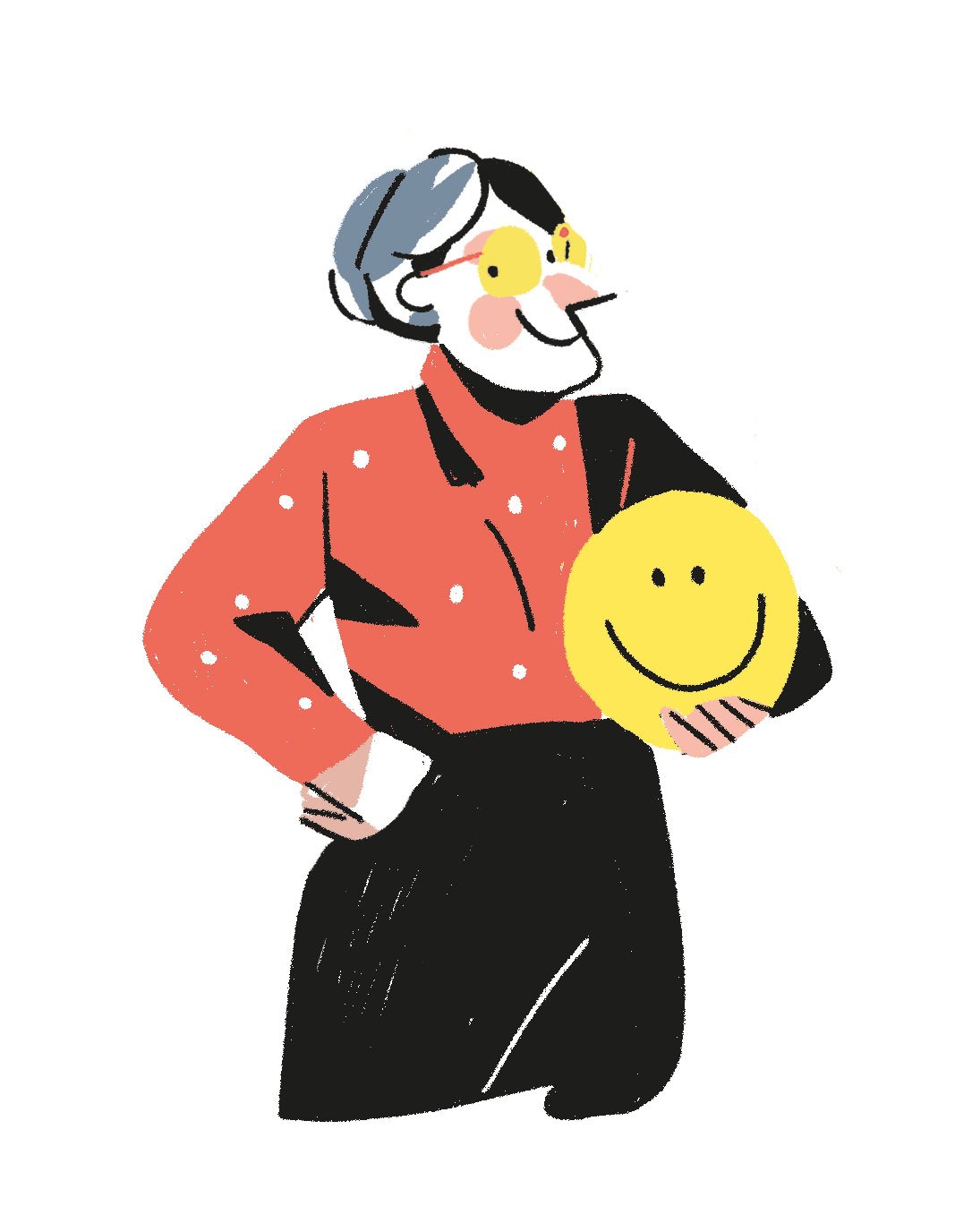 Illustration of a person holding a large yellow smiley face, depicting confident decision-making and positive attitude