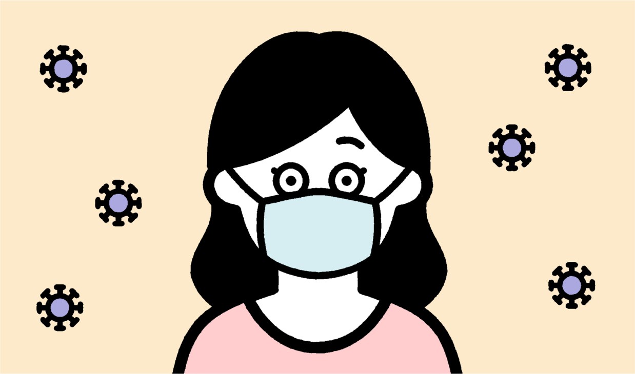 Illustration of a person wearing a face mask surrounded by coronavirus particles.