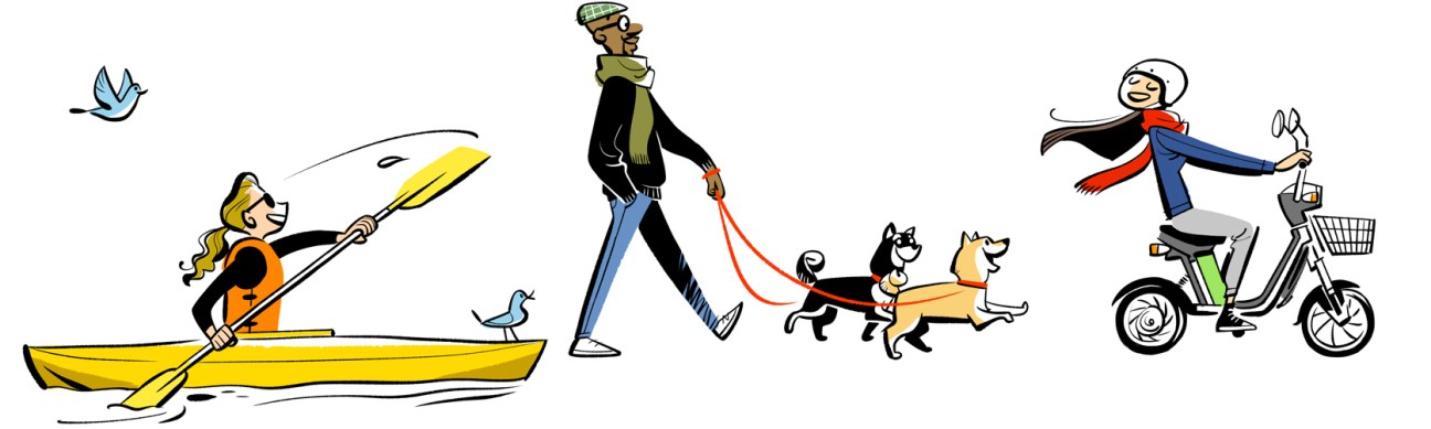 Illustrated figures showing people kayaking, walking dogs, and cycling representing active lifestyle activities
