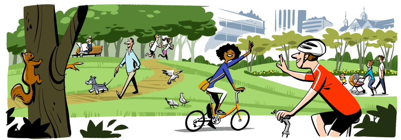 Illustration of people enjoying outdoor activities in a park with cyclists, joggers, families and city skyline