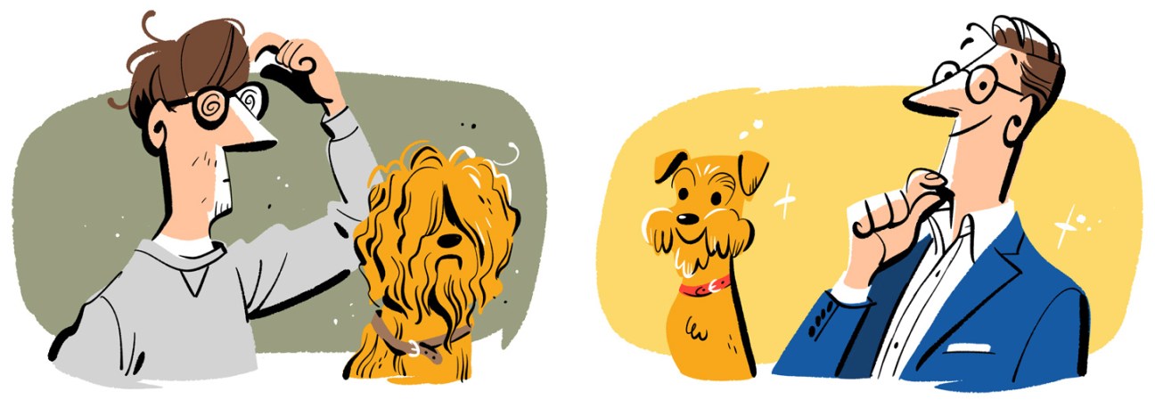Split illustration showing a person with messy hair and dog on left, well-groomed person with dog on right