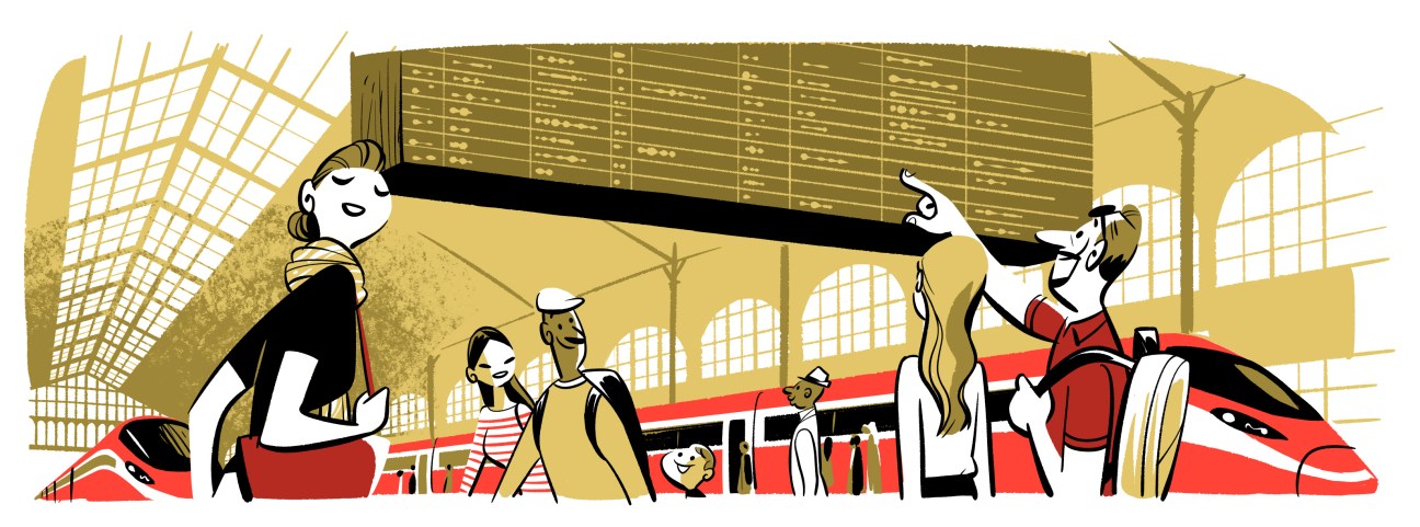 Stylized illustration of people with luggage at a train station with red trains and arched glass ceiling