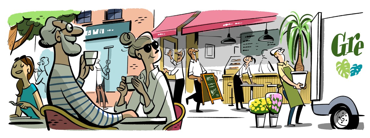 Illustration of diverse people enjoying an urban café and public space with green plants and modern architecture.